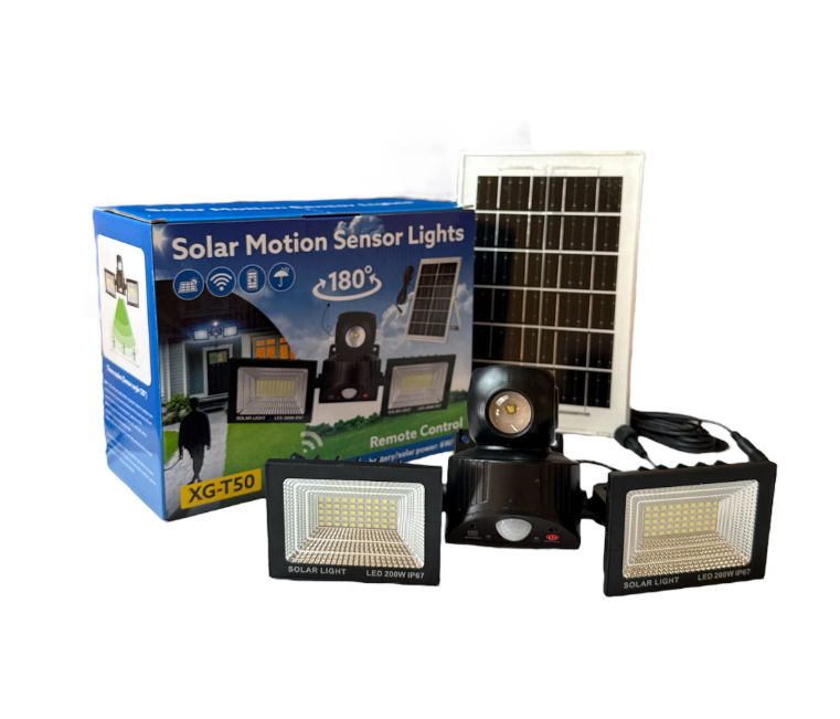 Proiector Solar LED Dublu 200W Impermeabil IP67 cu Senzor de Miscare, Telecomanda si Baterie 6000 mAh pentru Iluminat Exterior Puternic si Economic