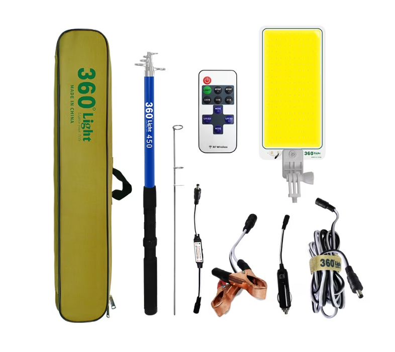 Set Nocturna cu Proiector 47 W, Brat Telescopic Reglabil 4.5 m, Alimentare la Priza, Auto si Baterie, Telecomanda si Geanta Transport, Rezistent la Apa