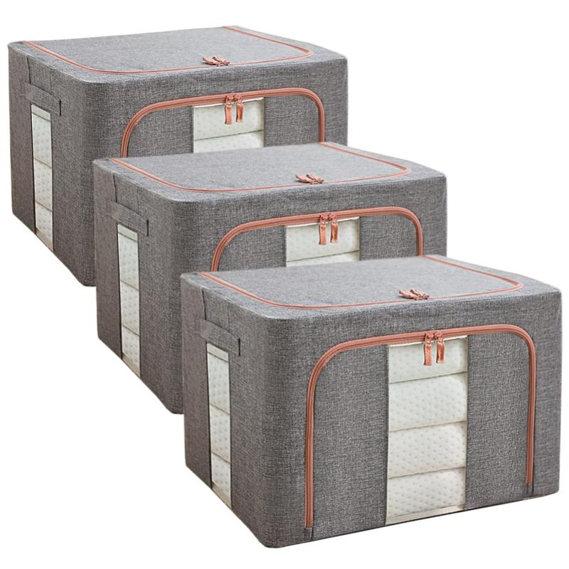 Set 3 x Cutie Pliabila cu Fermoar si Fereastra pentru Depozitare 24L + 66L + 100L, Gri
