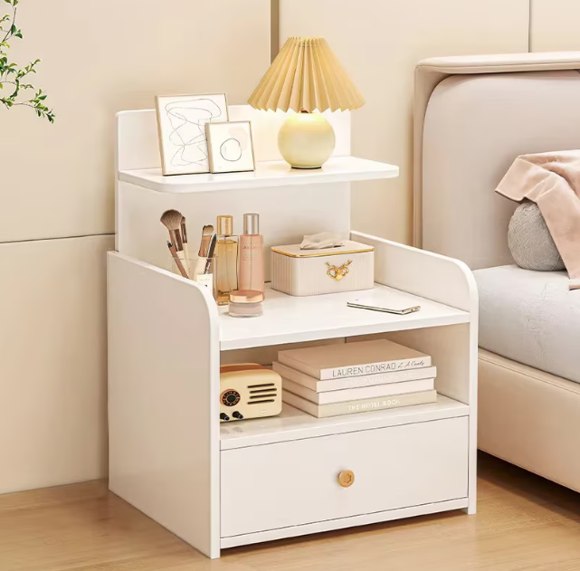 Noptiera Moderna Alba Cu Sertar Si 3 Polite, Design Compact Multifunctional, MDF Rezistent 33x26x60 cm
