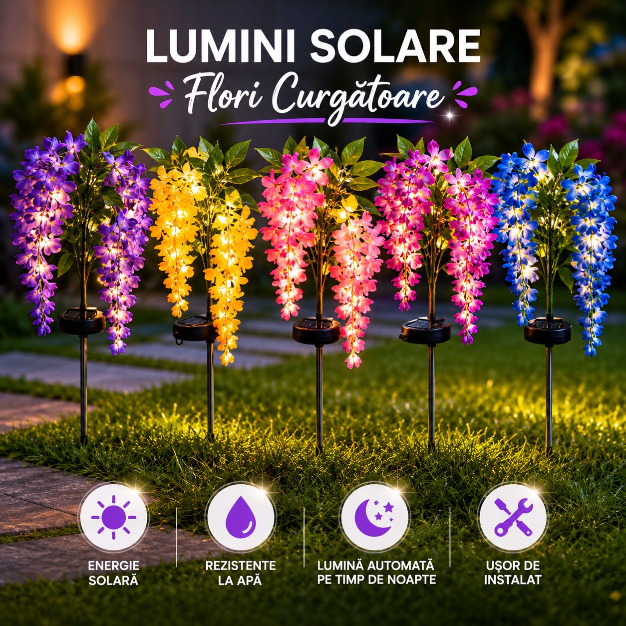 Set 2 x Lampi Solare LED cu Flori Decorative, Panou Solar Integrat, Rezistente la Apa, pentru Gradina si Curte