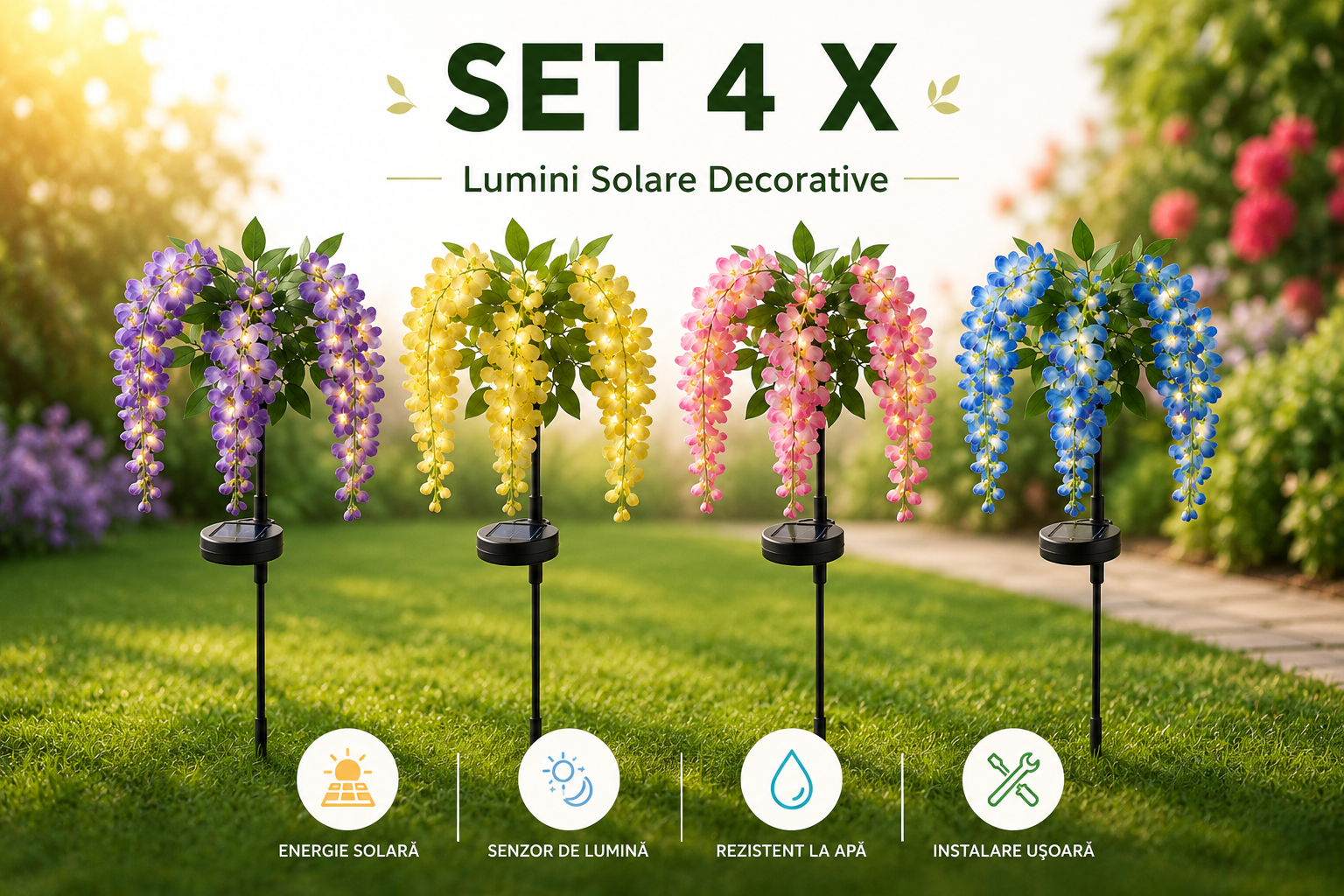 Set 4 x Lampi Solare LED cu Flori Decorative, Panou Solar Integrat, Rezistente la Apa, Diverse Culori