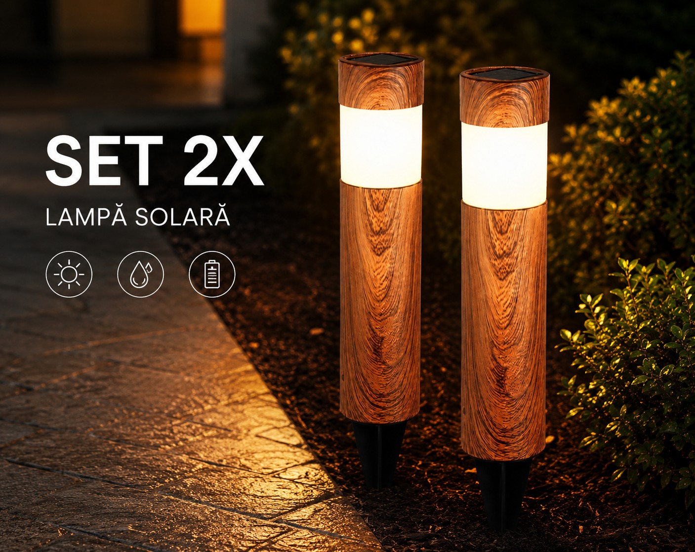 Set 2 x Lampi Solare LED pentru Gradina si Alei, Aspect Lemn Natural, Lumina Alb Calda
