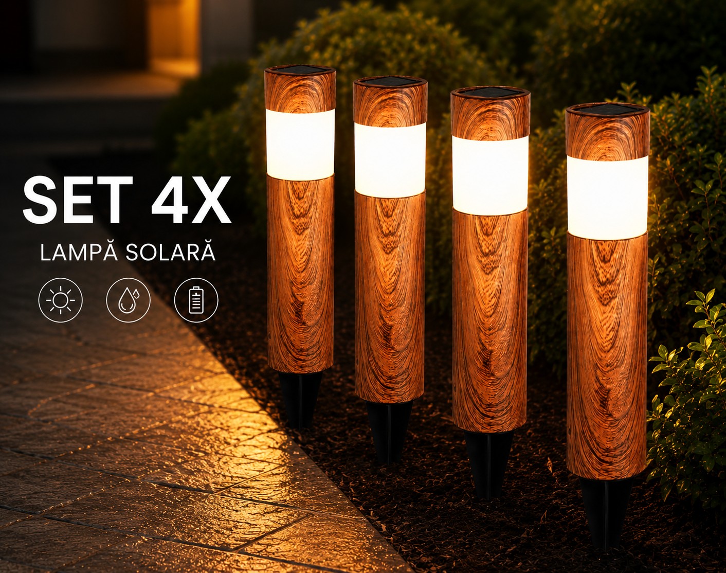 Set 4 x Lampi Solare LED pentru Gradina si Alei, Aspect Lemn Natural,  Lumina Alb Calda