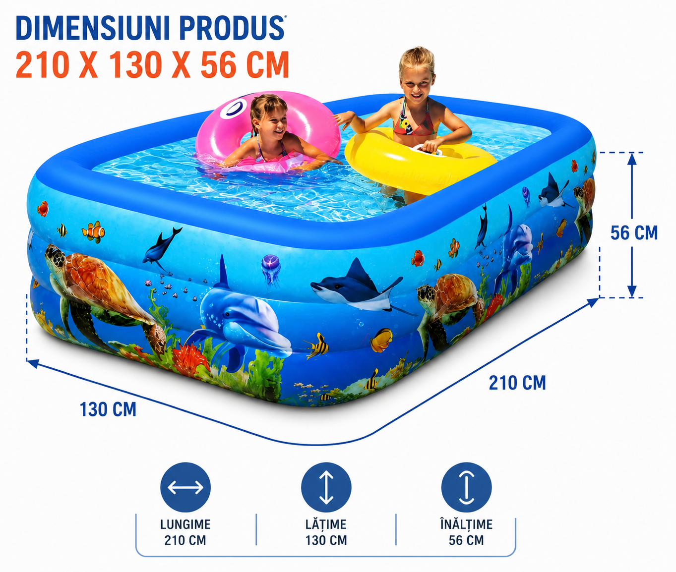 Piscina Gonflabila pentru Copii 210 x 130 x 56 cm, 3 Inele Rezistente, Model Oceanic, Forma Dreptunghiulara