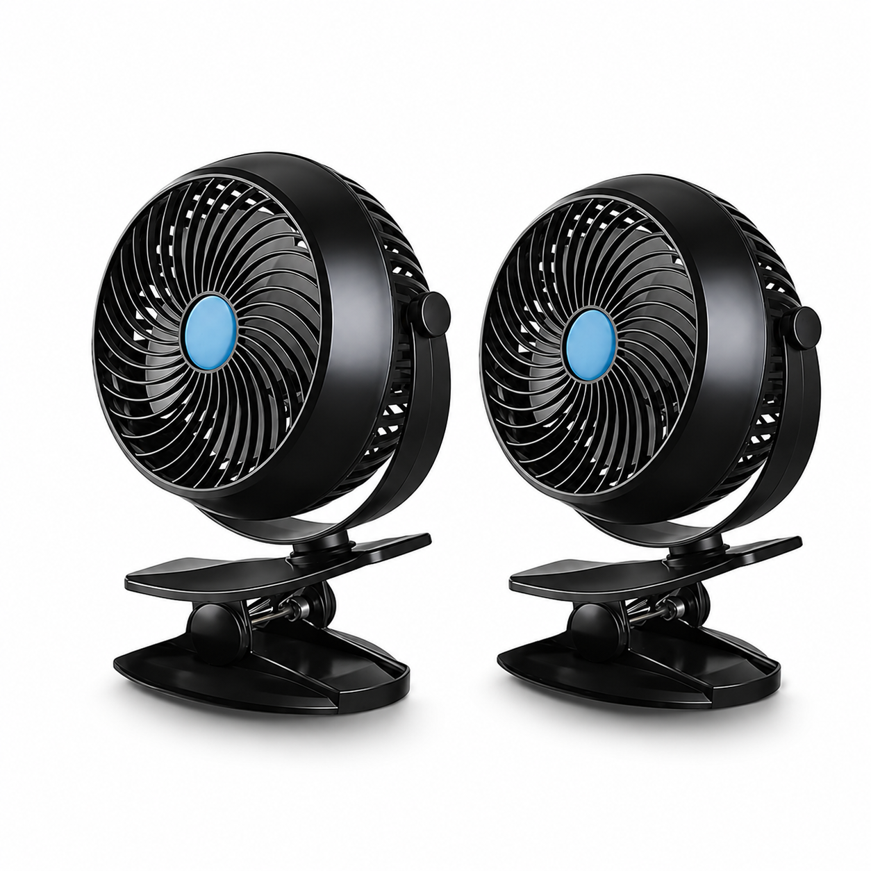 Set 2 x Ventilator Reincarcabil de Masa cu Clips, Rotire 360°, 3 Trepte de Viteza, Compact si Portabil