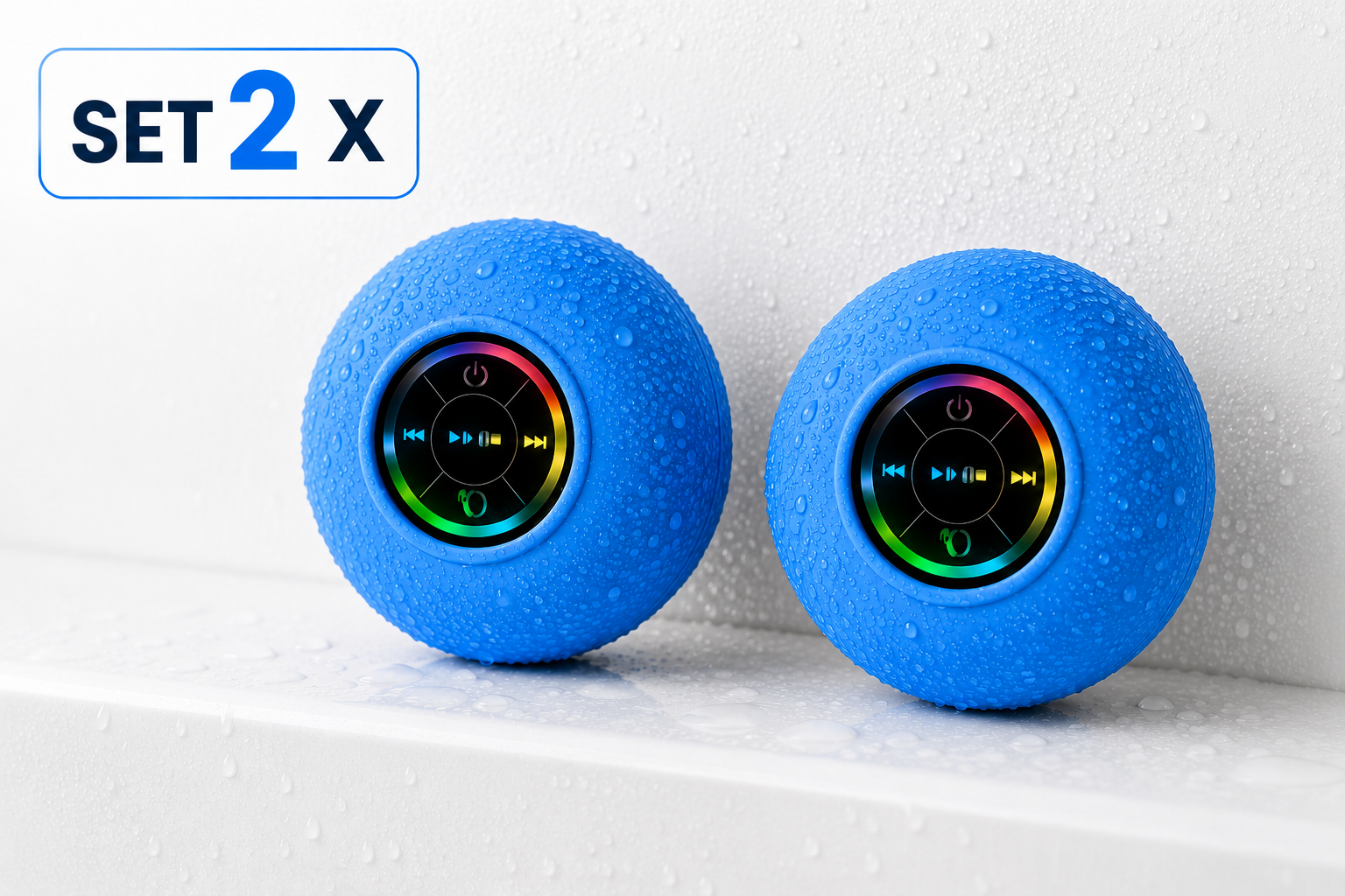Set 2 x Boxe Portabile Rezistente la Apa, Conectare fara Fir, Ventuza de Prindere, Lumina Multicolora