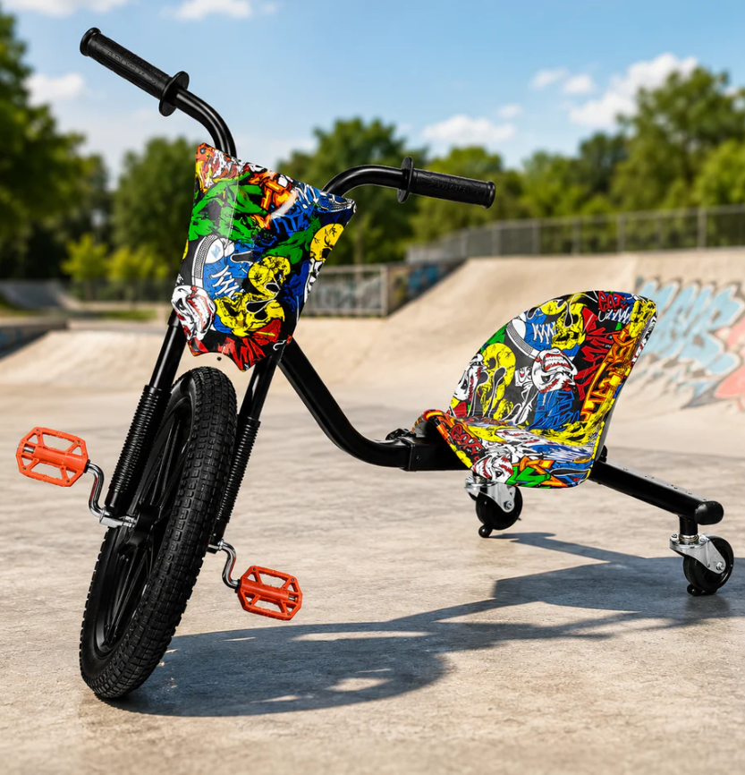 Tricicleta pentru Drift Copii, Model Multicolor, Roti Spate cu LED, Scaun Reglabil, Cadru Metalic, Maxim 80 kg