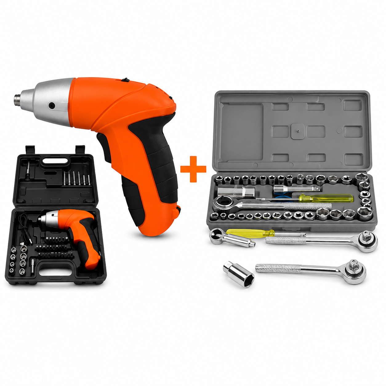 Set Masina de Insurubat Electrica Reincarcabila cu 45 Accesorii + Trusa Tubulare si Clichet 40 Piese din Otel, Kit Complet pentru Reparatii Auto, Casa si Atelier
