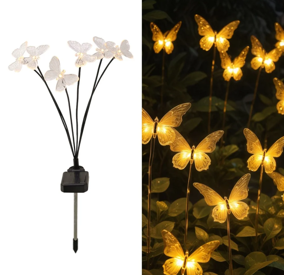 Set 2 x Lampi Solare Gradina 6 LED-uri, Model Fluture, Rezistente La Apa, Lumina Calda