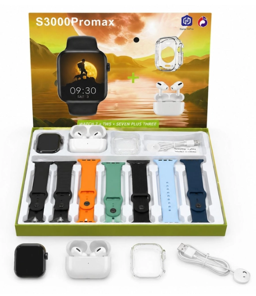 Set Ceas Inteligent S3000 Pro Max Cu Casti Fara Fir, 7 Curele Interschimbabile, Bluetooth, Monitorizare Activitate