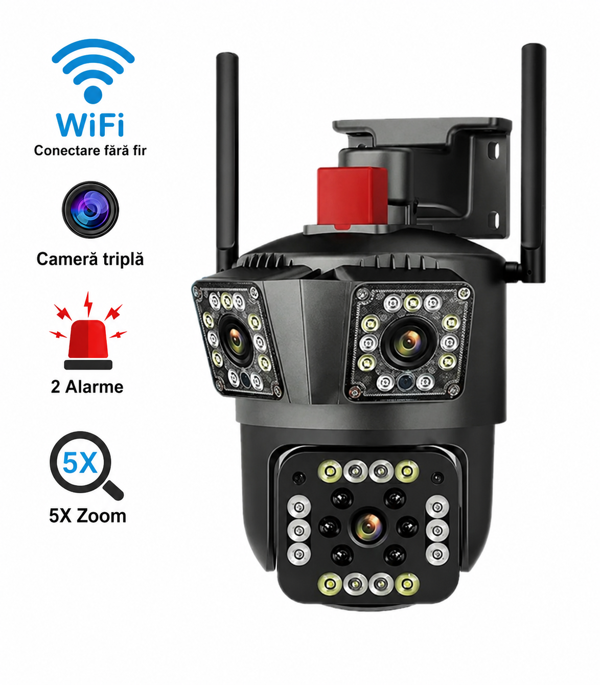 Camera De Supraveghere Tripla Cu Rotire, Zoom 5X, WiFi, Vedere Nocturna, Rezistenta La Apa IP66