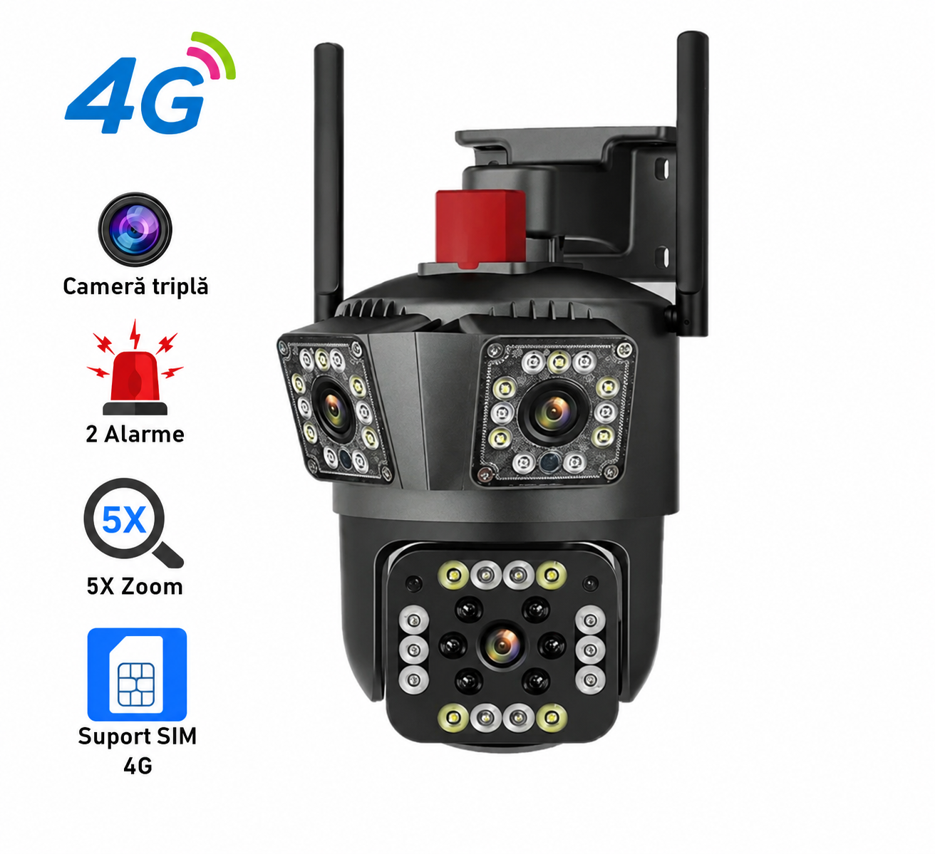 Camera De Supraveghere Tripla Cu Rotire, Zoom 5X, 4G, Vedere Nocturna, Rezistenta La Apa IP66