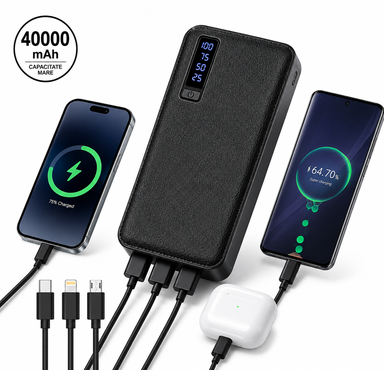 Baterie Externa 40000 mAh, 3 Porturi USB, Design Cu Aspect Piele, Incarcare Simultana, Negru