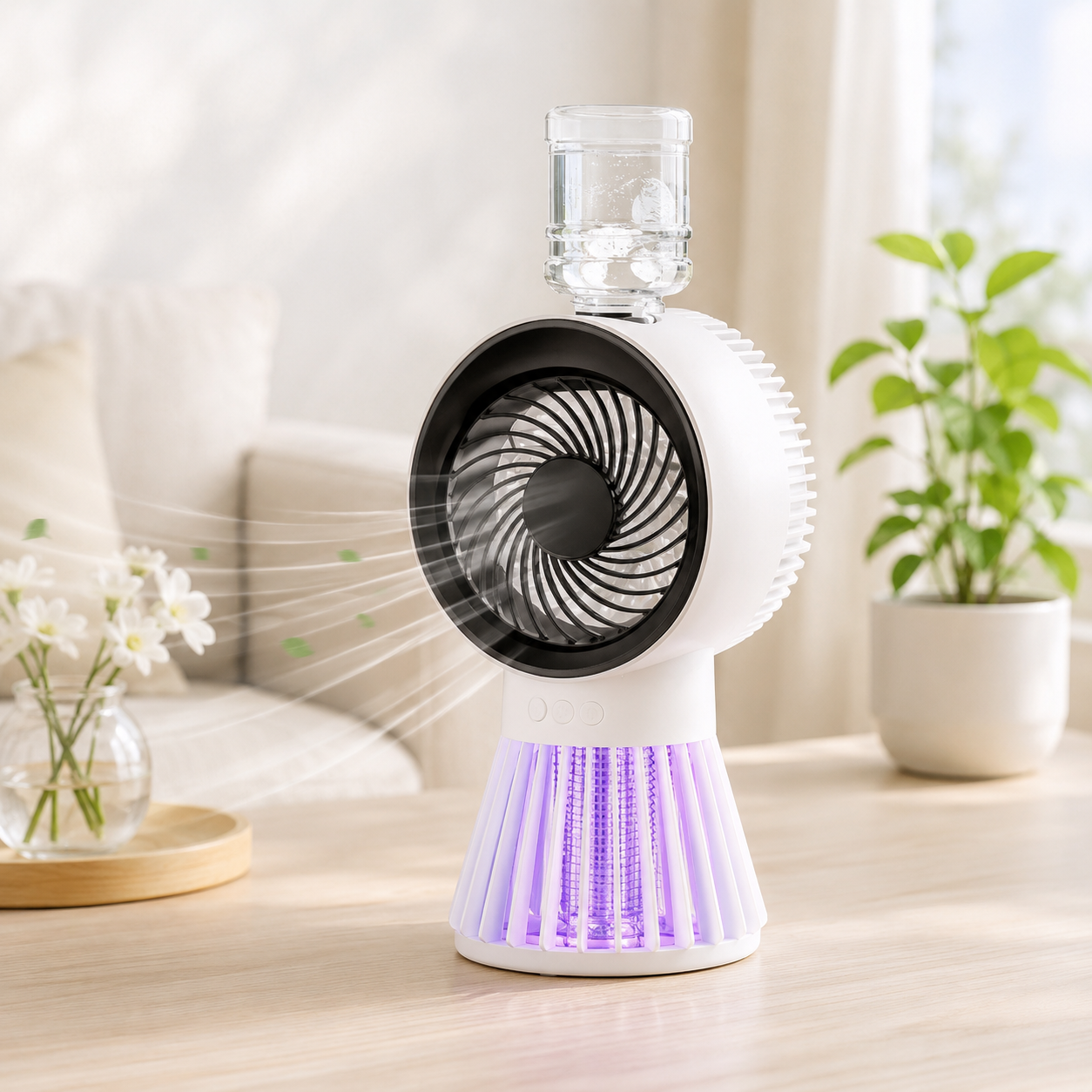Ventilator 3 In 1 Cu Pulverizare Apa, Lampa Anti Tantari Si Acumulator Reincarcabil, 3 Viteze