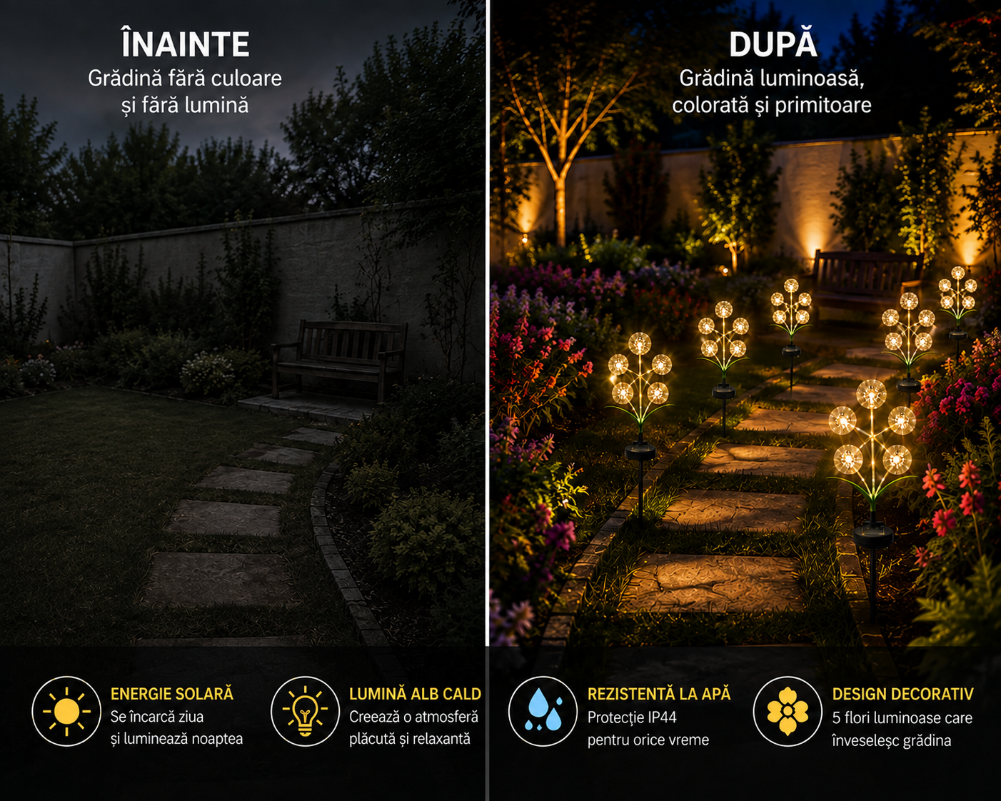 Set 2 x Lampi Solare Decorative in Forma de Floare, 70 cm, Lumina Alb Cald, IP44 pentru Gradina si Curte