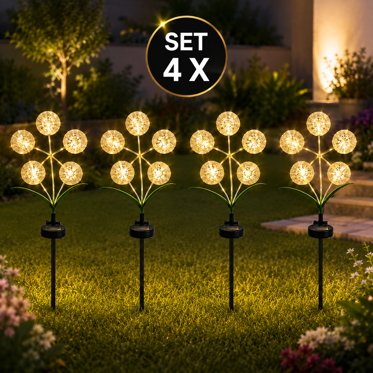 Set 4 x Lampi Solare Decorative in Forma de Floare, 70 cm, Lumina Alb Cald, IP44 pentru Gradina si Curte
