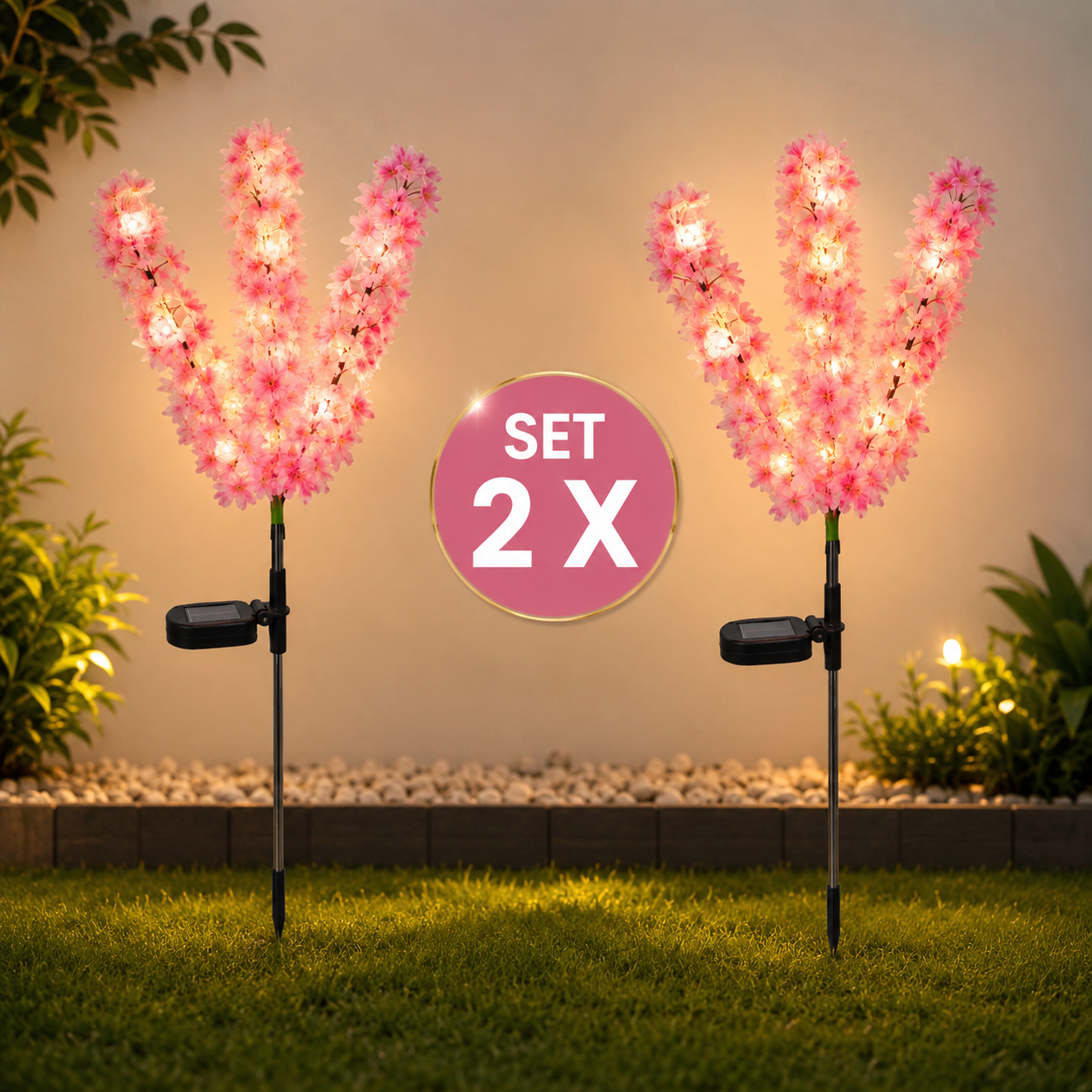 Set 2 x Lampi Solare Decorative Floare de Cires, 70 cm, Lumina Multicolora, IP44, pentru Gradina si Curte