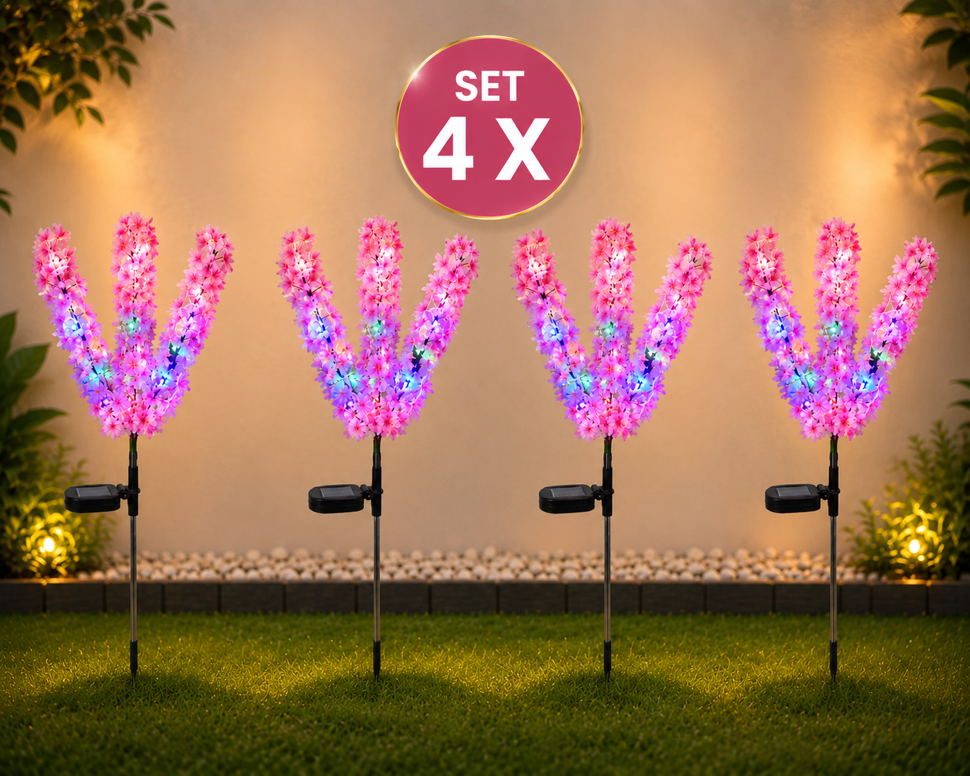 Set 4 x Lampi Solare Decorative Floare de Cires, 70 cm, Lumina Multicolora, IP44, Pentru Gradina si Curte
