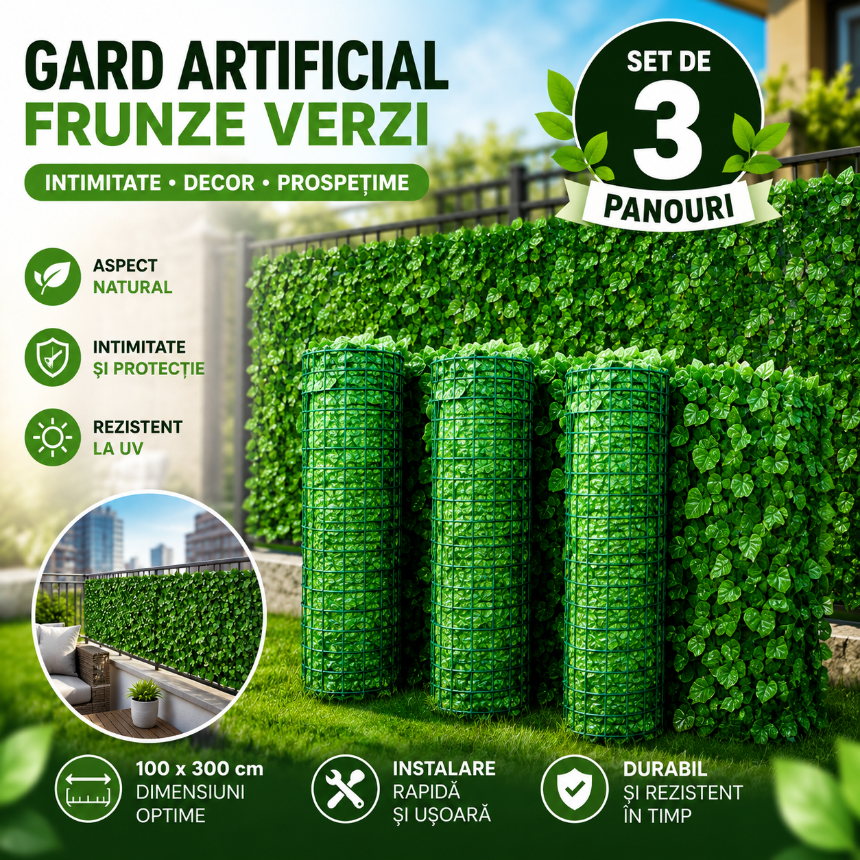 Set 3 x Gard Artificial Model Frunze Verzi, 100 x 300 cm, Rezistente la UV, pentru Gradina, Terasa si Balcon