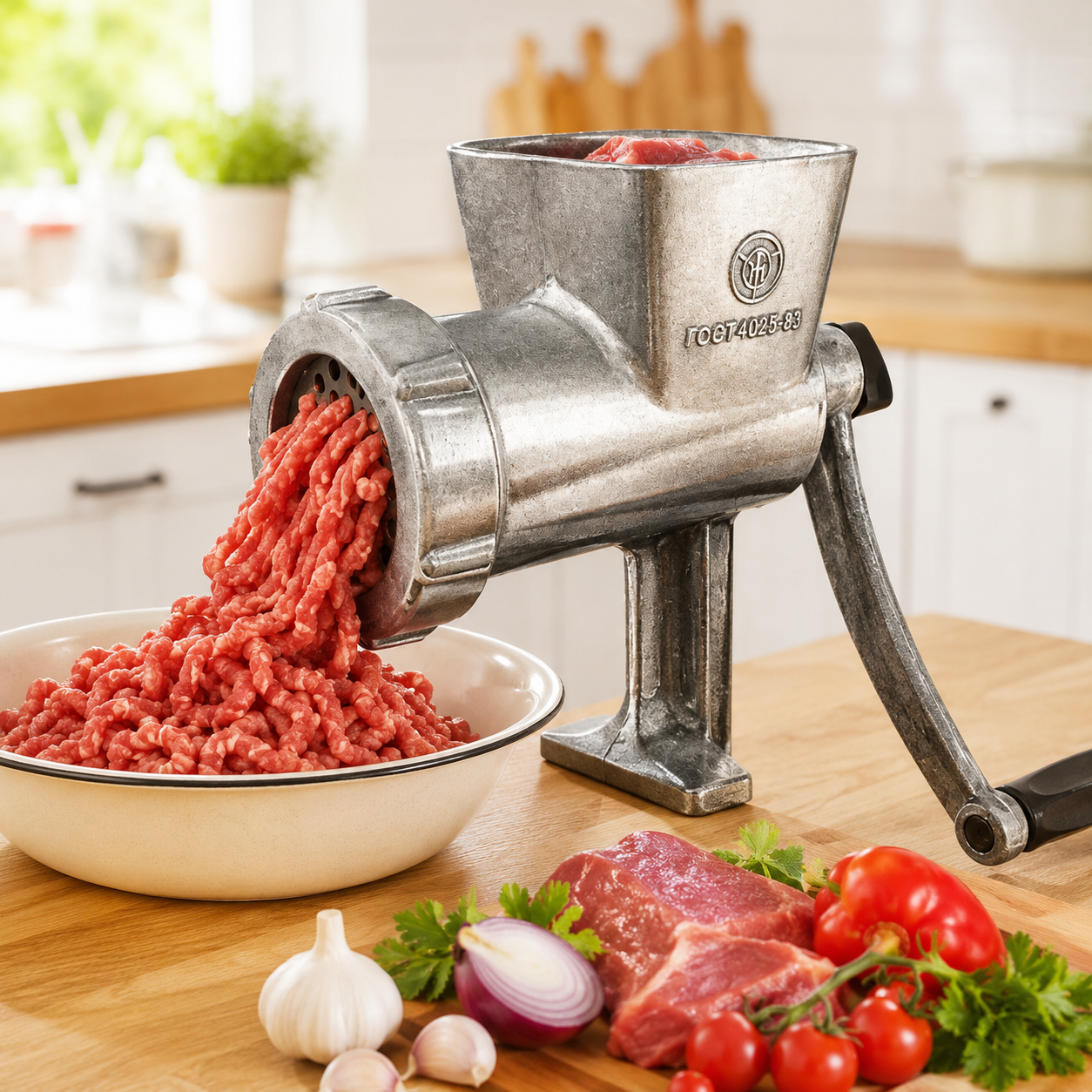 Masina de Tocat Carne Manuala din Duraluminiu, Prindere cu Menghina, Sita de Rezerva Inclusa
