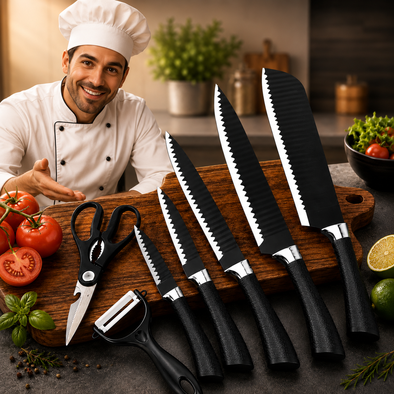 Set 6 x Piese pentru Bucatarie, Cutite din Otel Inoxidabil, Lame Ondulate Antiaderente, Manere Antiderapante, Foarfeca si Curatator