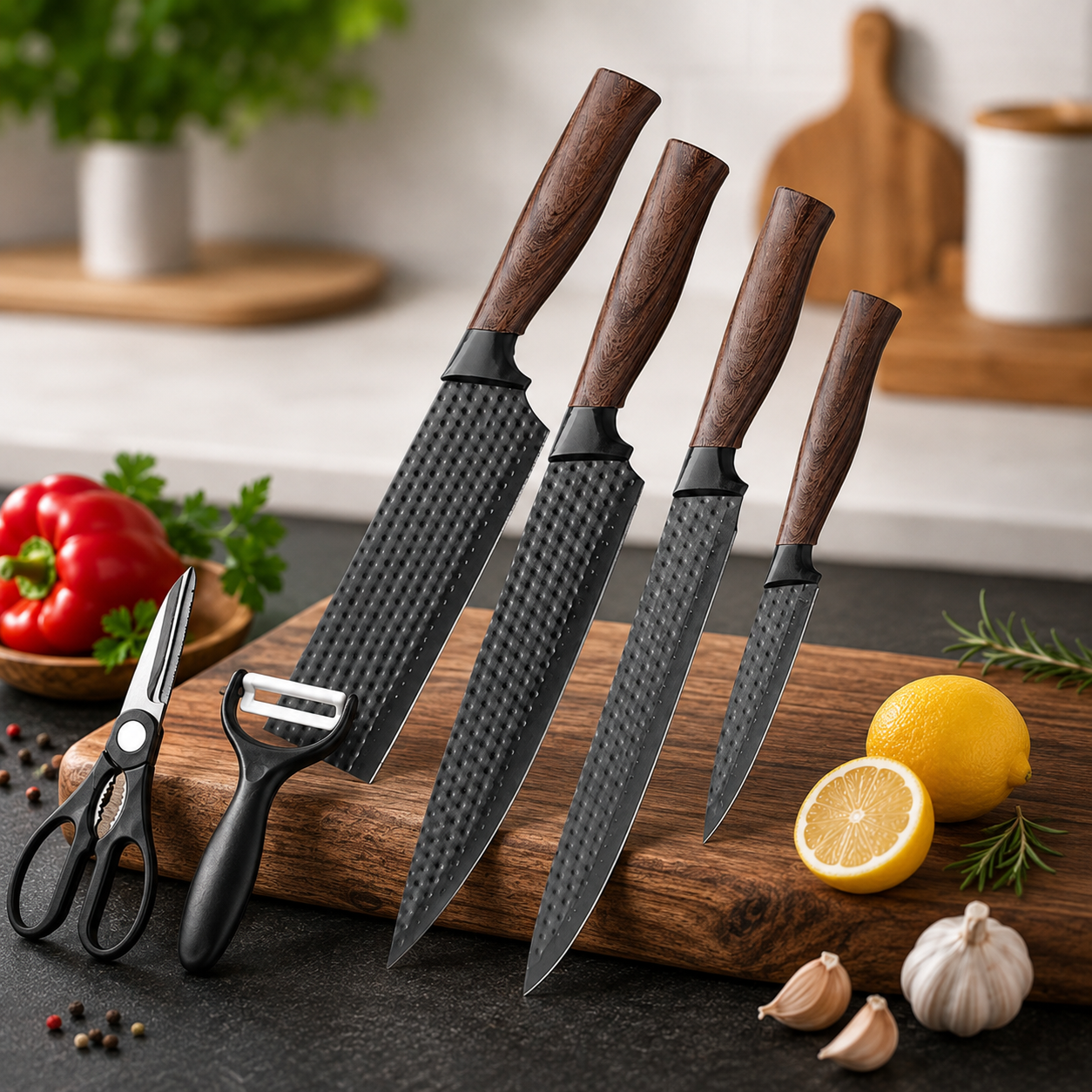 Set 6 x Piese pentru Bucatarie, 4 Cutite din Otel Inoxidabil, Foarfeca, Curatator Ceramic, Manere din Lemn si Cutie de Depozitare