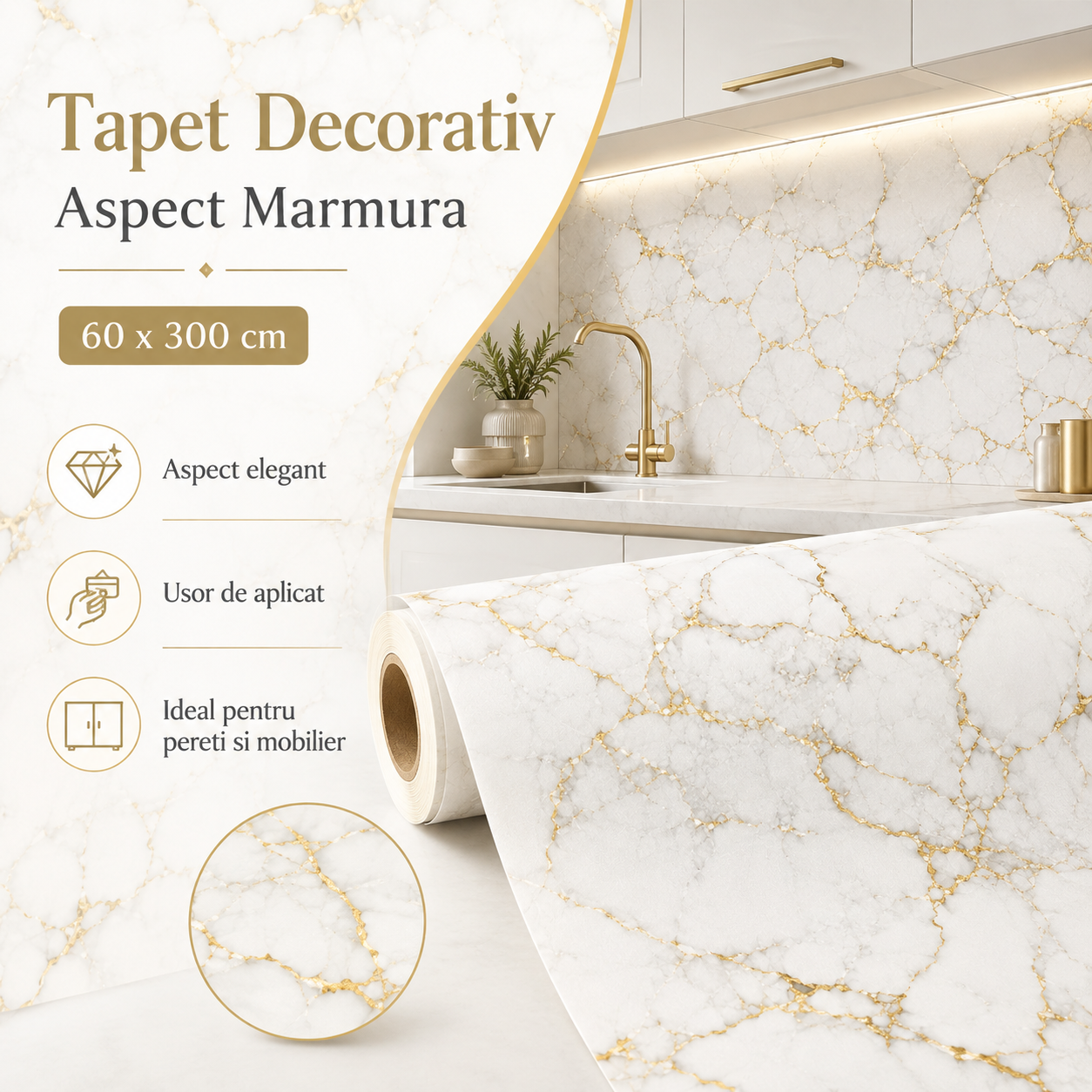 Tapet Decorativ Aspect Marmura cu Insertii Aurii, 60 x 300 cm, Elegant, Usor de Aplicat