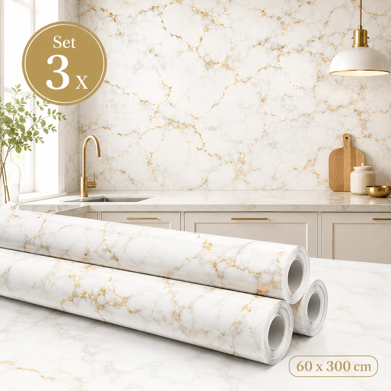 Set 3 x Tapet Decorativ Aspect Marmura cu Insertii Aurii, 60 x 300 cm, Elegant, Usor de Aplicat