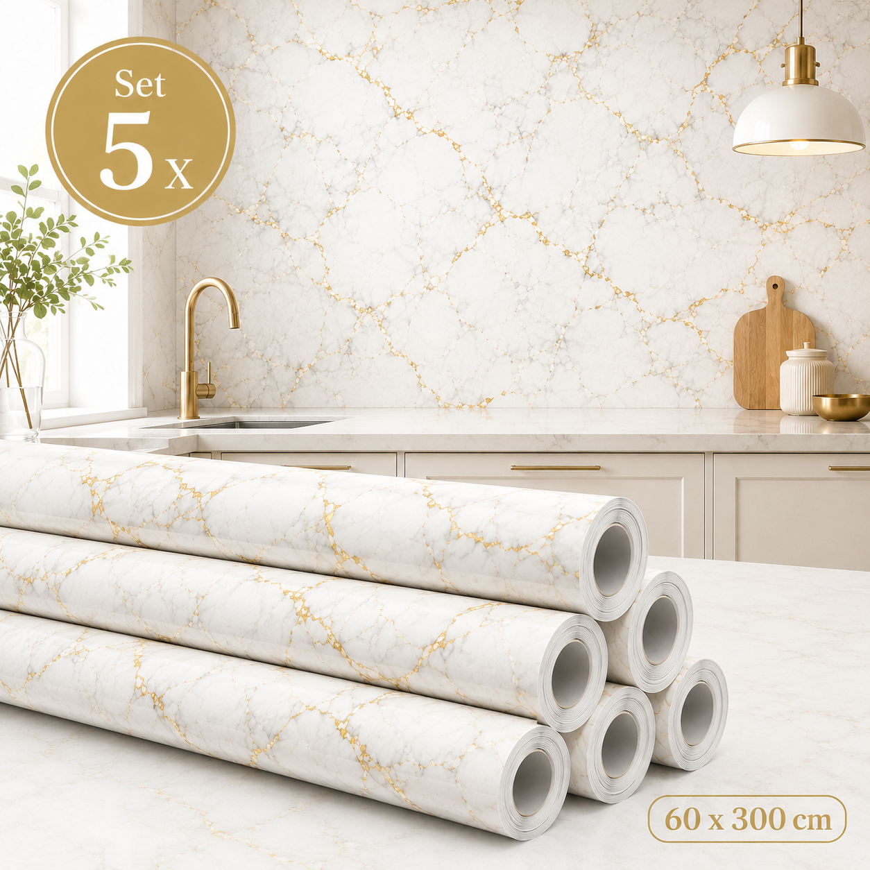 Set 5 x Tapet Decorativ Aspect Marmura cu Insertii Aurii, 60 x 300 cm, Elegant, Usor de Aplicat