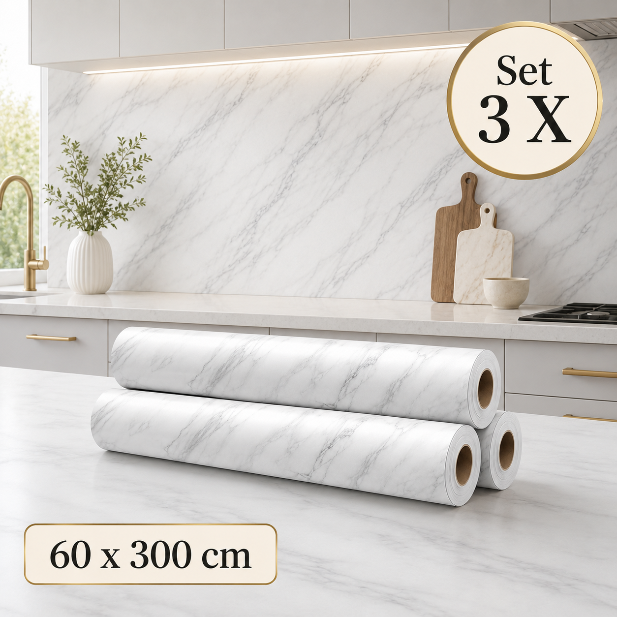 Set 3 x Tapet Decorativ Marmura Alba cu Insertii Gri, 60 x 300 cm, Elegant si Usor de Aplicat