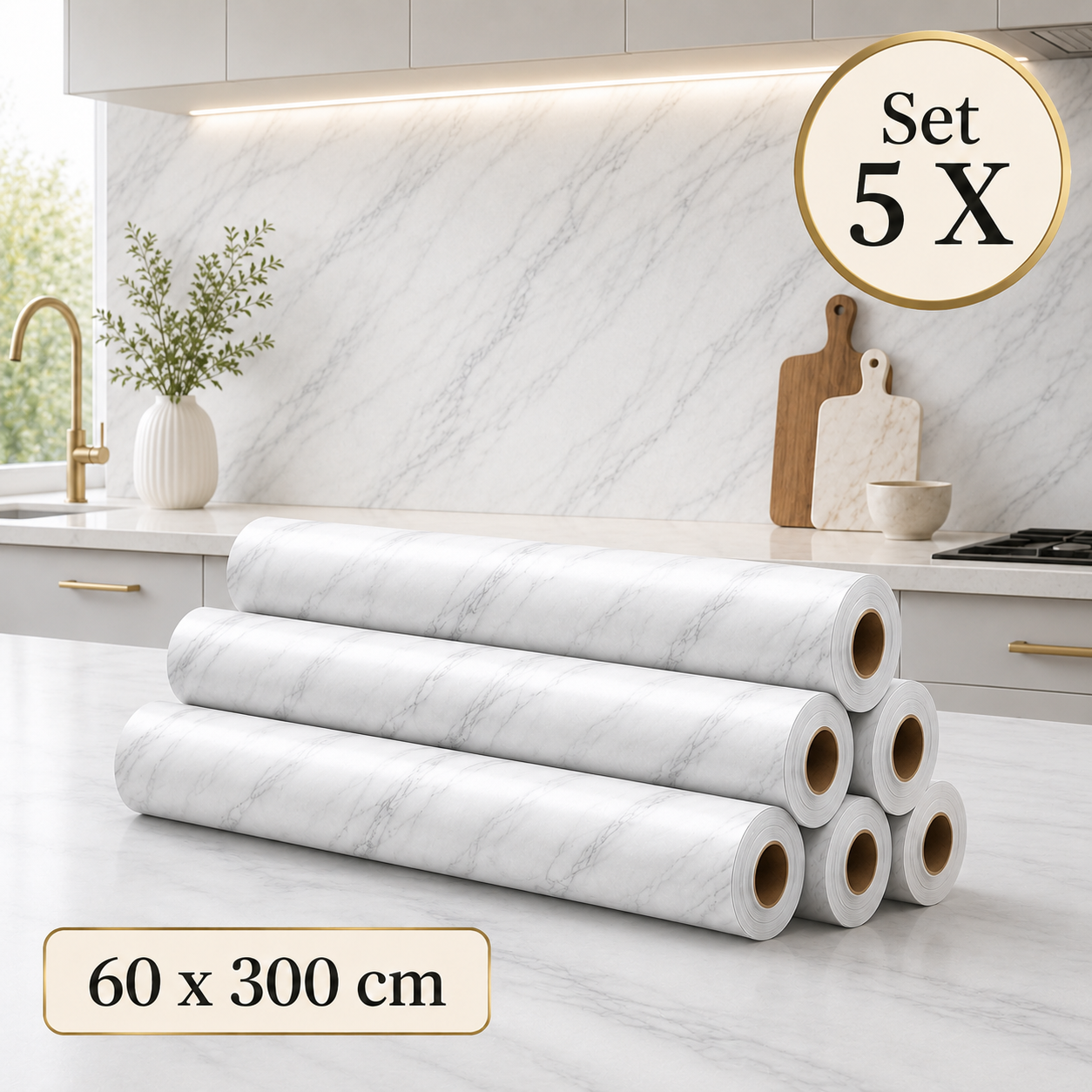 Set 5 x Tapet Decorativ Marmura Alba cu Insertii Gri, 60 x 300 cm, Elegant si Usor de Aplicat