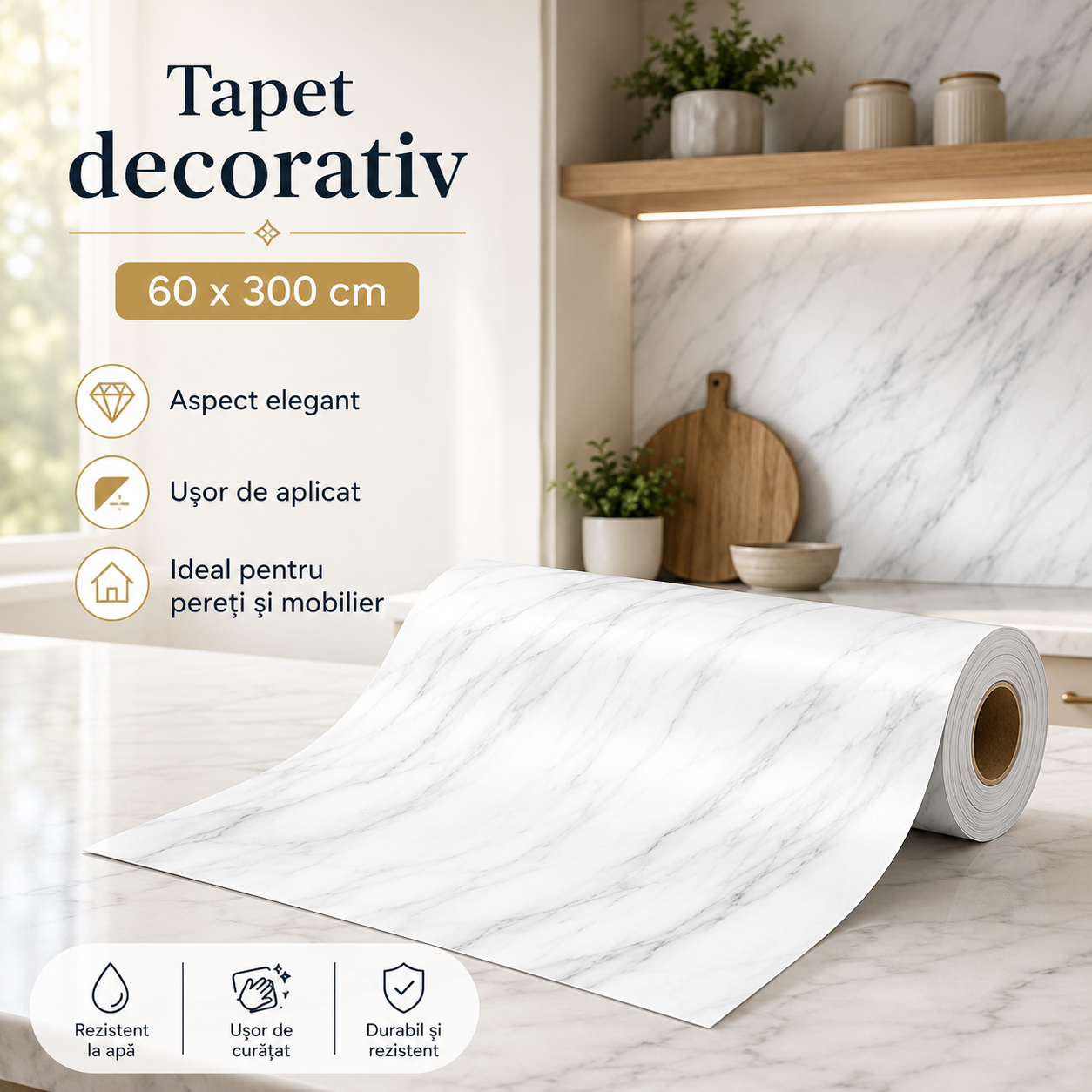 Tapet Decorativ Alb cu Model Marmorat Fin, 60 x 300 cm, Rezistent la Apa si Usor de Curatat