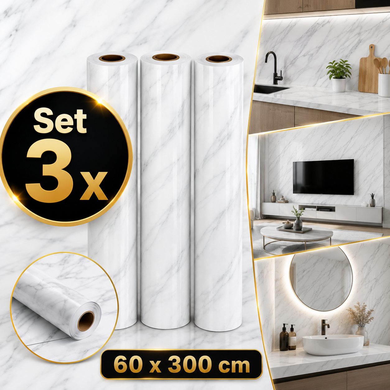 Set 3 x Tapet Decorativ Alb cu Model Marmorat Fin, 60 x 300 cm, Rezistent la Apa si Usor de Curatat