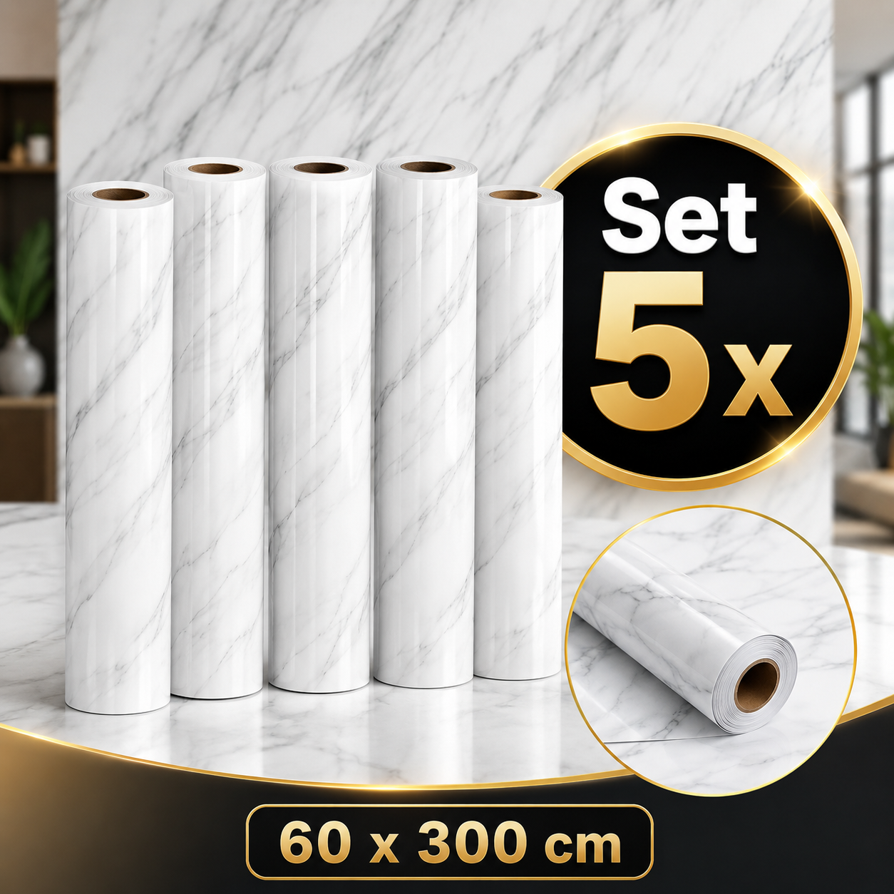 Set 5 x Tapet Decorativ Alb cu Model Marmorat Fin, 60 x 300 cm, Rezistent la Apa si Usor de Curatat