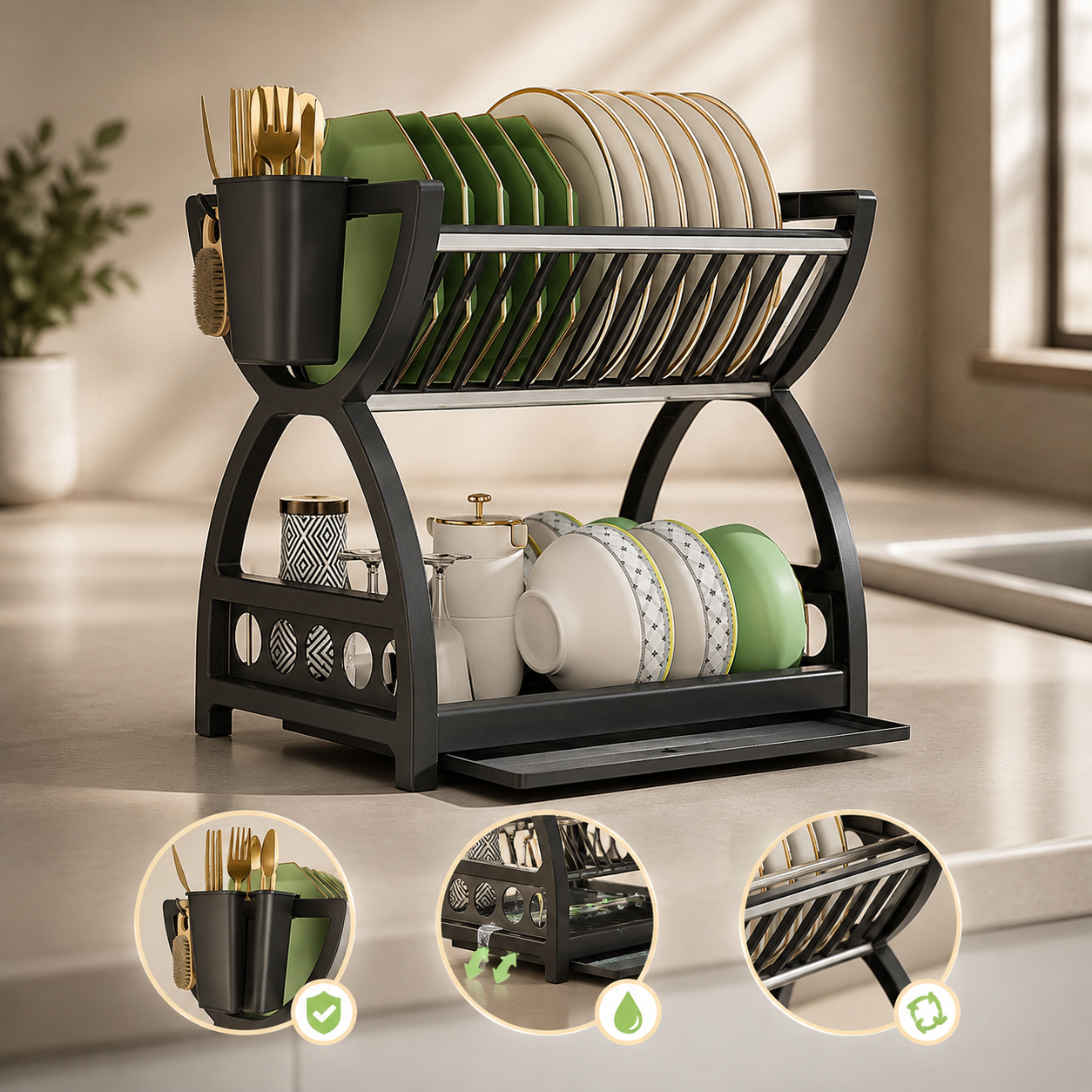 Scurgator de Vase Multifunctional cu 2 Niveluri, Tava de Scurgere, Suport Tacamuri, 33 x 24 x 30,5 cm, Negru