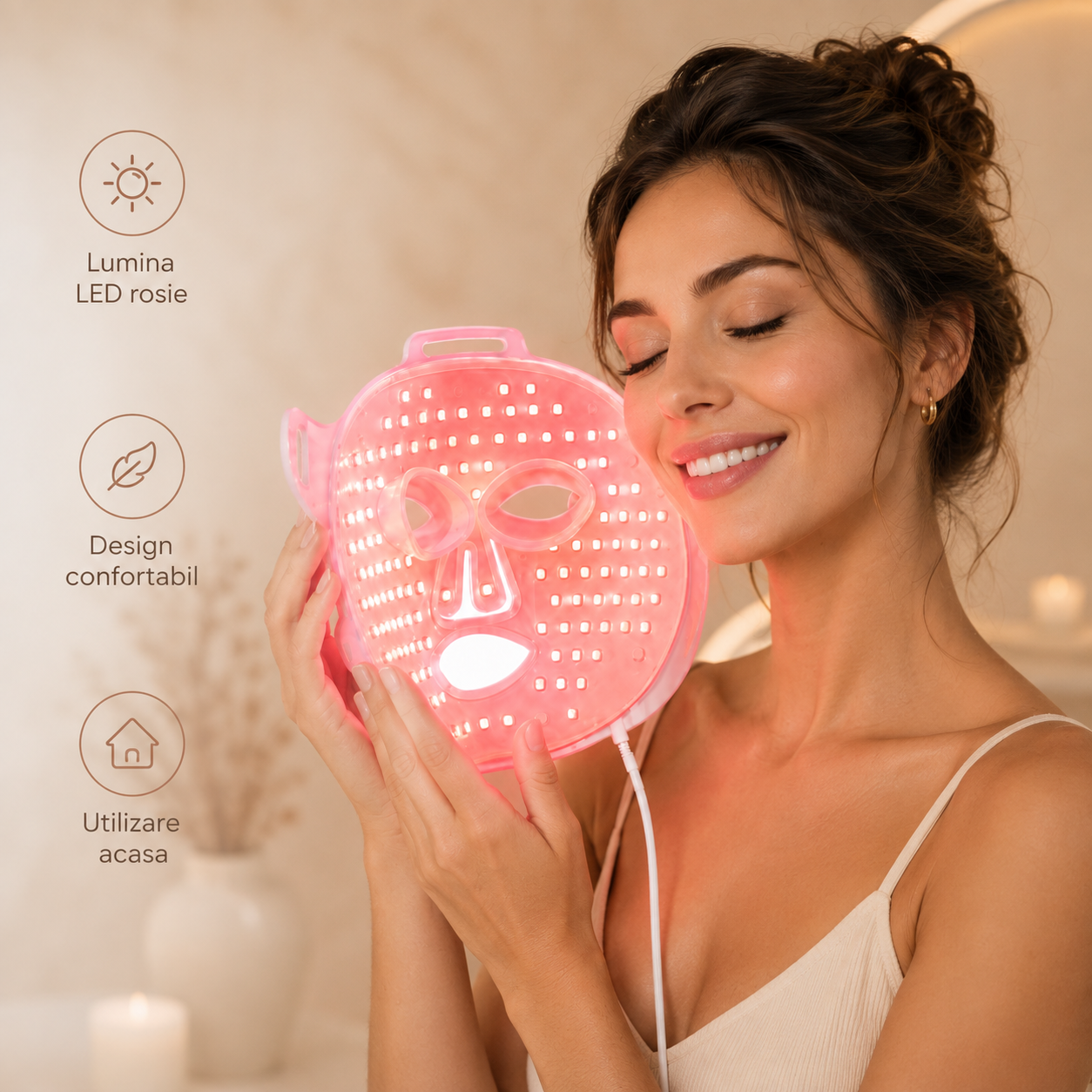 Masca LED pentru Fata, Lumina Rosie, 6 Moduri, Temporizare si Puls, Silicon Flexibil, Reincarcabila