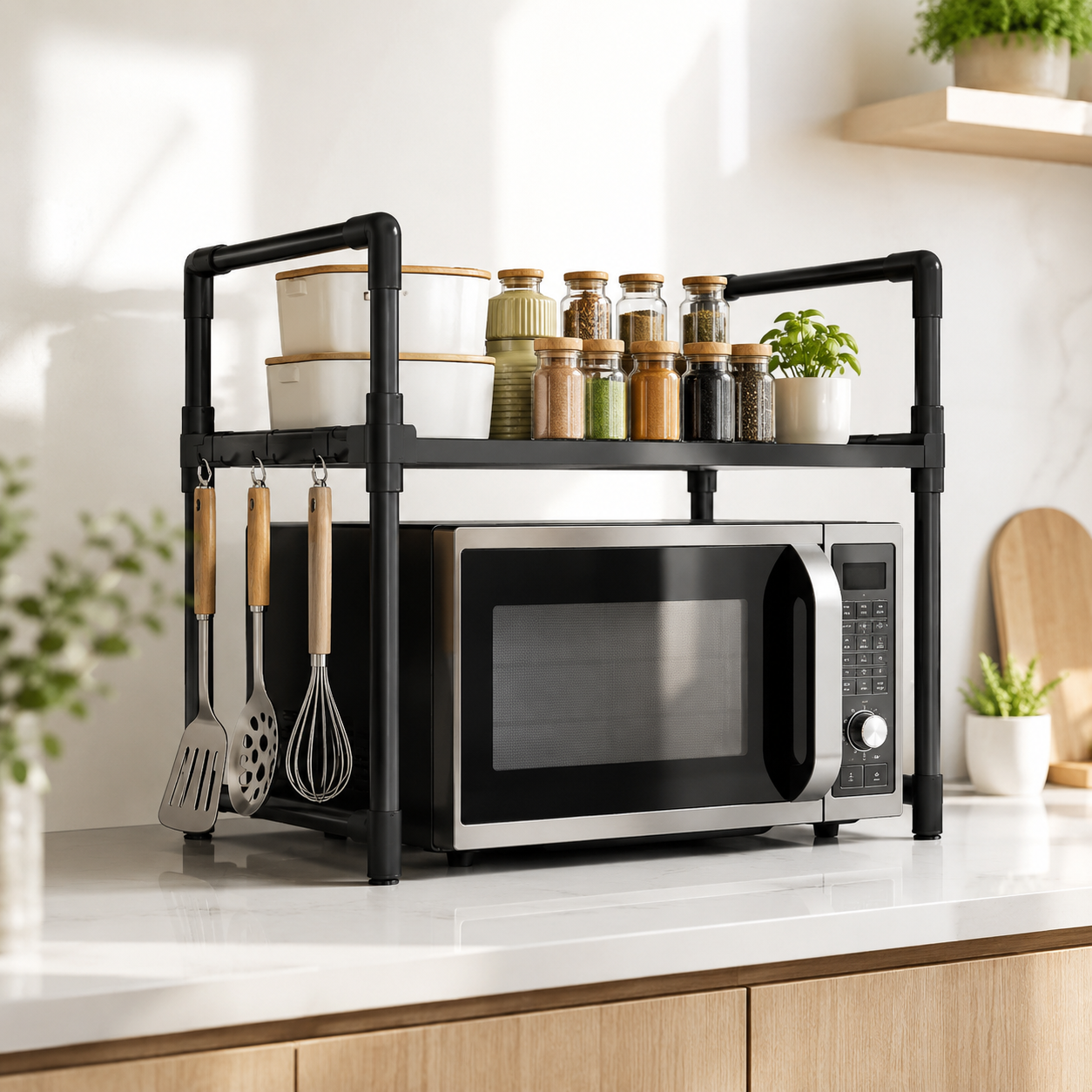 Etajera Organizatoare pentru Cuptor cu Microunde, 2 Niveluri, 48 x 26 x 49 cm,  Negru