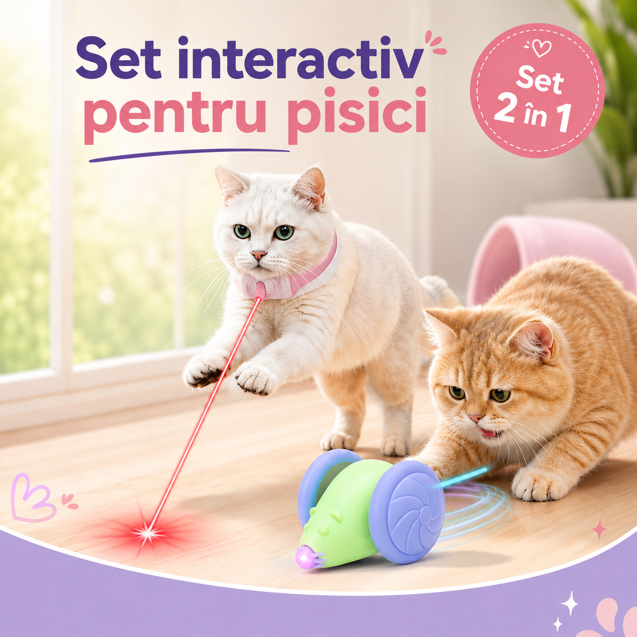 Set Interactiv pentru Pisici, Jucarie Inteligenta cu Miscare si LED + Zgarda cu Laser, Reincarcabile USB