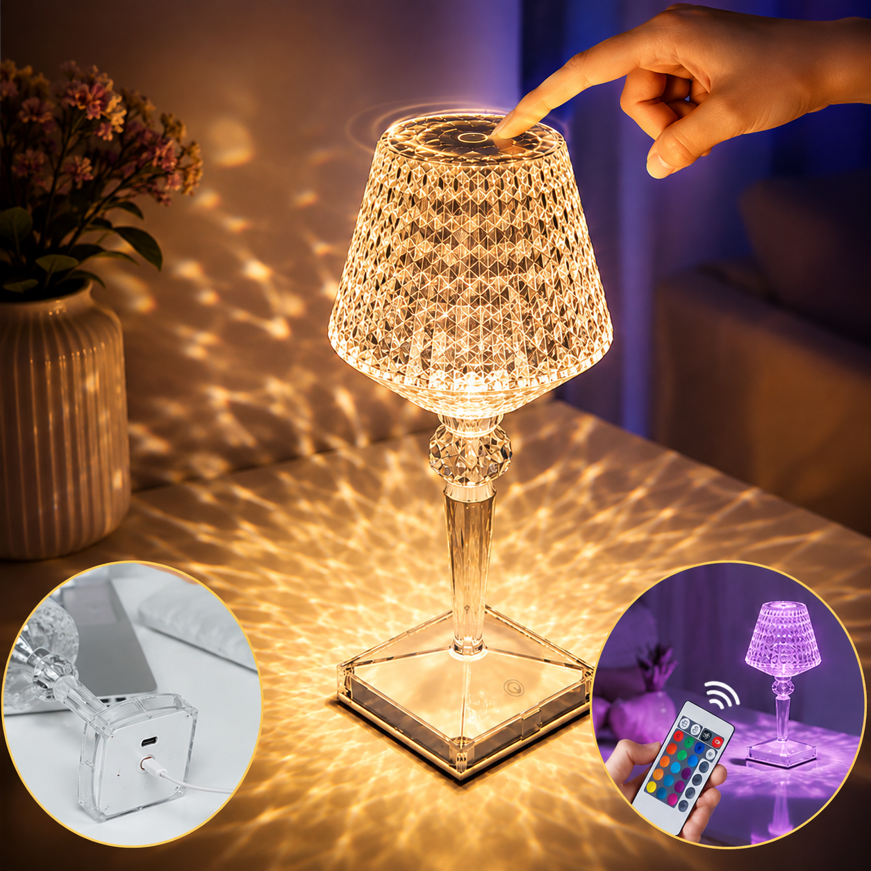 Lampa Tip Veioza cu 16 Culori LED, Control Tactil si Telecomanda, Acumulator Reincarcabil USB, Transparenta