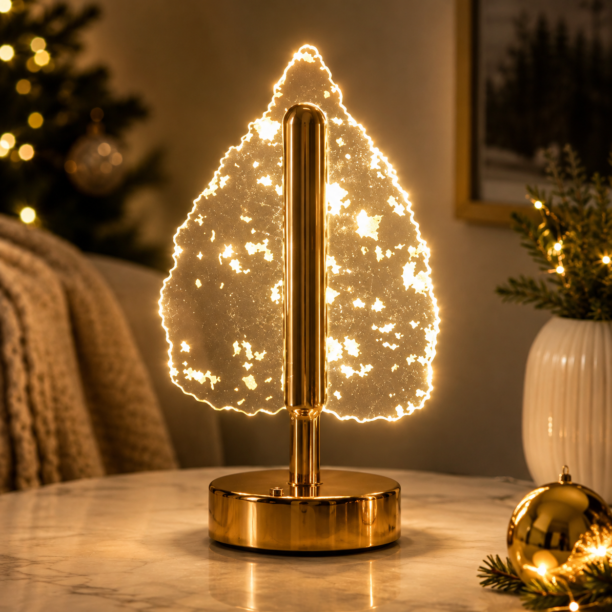 Lampa Decorativa in Forma de Brad, LED cu 3 Culori, Control Tactil, Reincarcabila USB, Baza Aurie