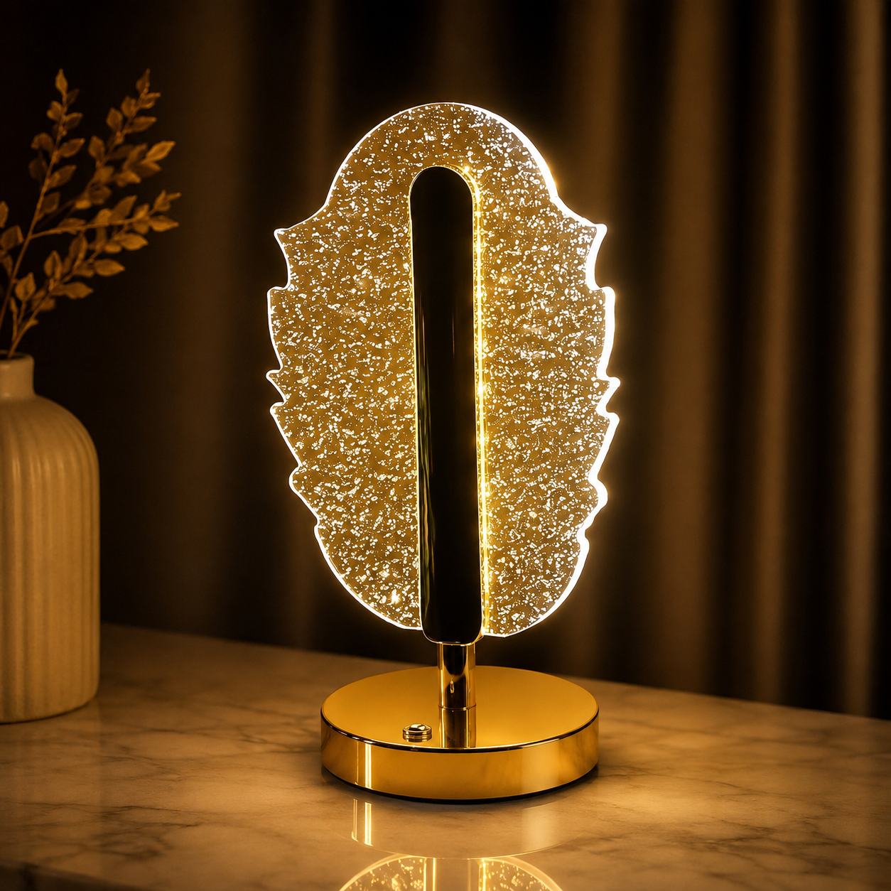 Lampa Decorativa in Forma de Frunza, LED cu 3 Culori, Control Tactil, Reincarcabila USB, Baza Aurie