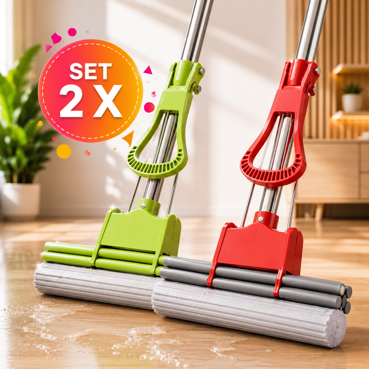 Set 2 x Mop cu Burete PVA si Autostoarcere, Coada Metalica Telescopica, Absorbtie Ridicata, Diverse Culori