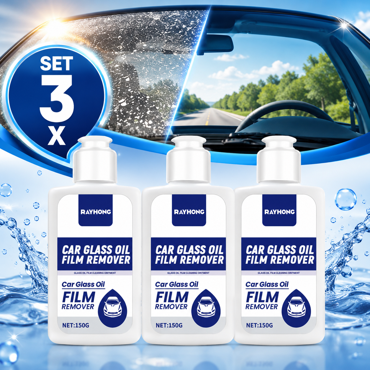 Set 3 x Solutii pentru Curatarea Parbrizului si Geamurilor Auto, Indepartare Pete, Urme de Apa si Pelicula de Ulei