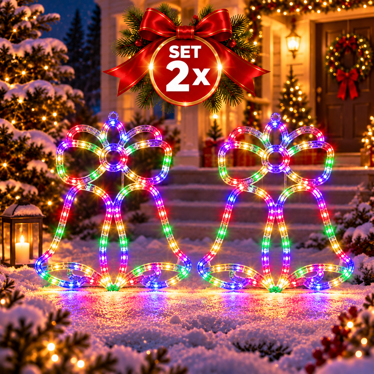 Set 2 x Figurina Luminoasa de Craciun in Forma de Clopotei, 50 LED-uri, 30 cm, IP44, Interior si Exterior