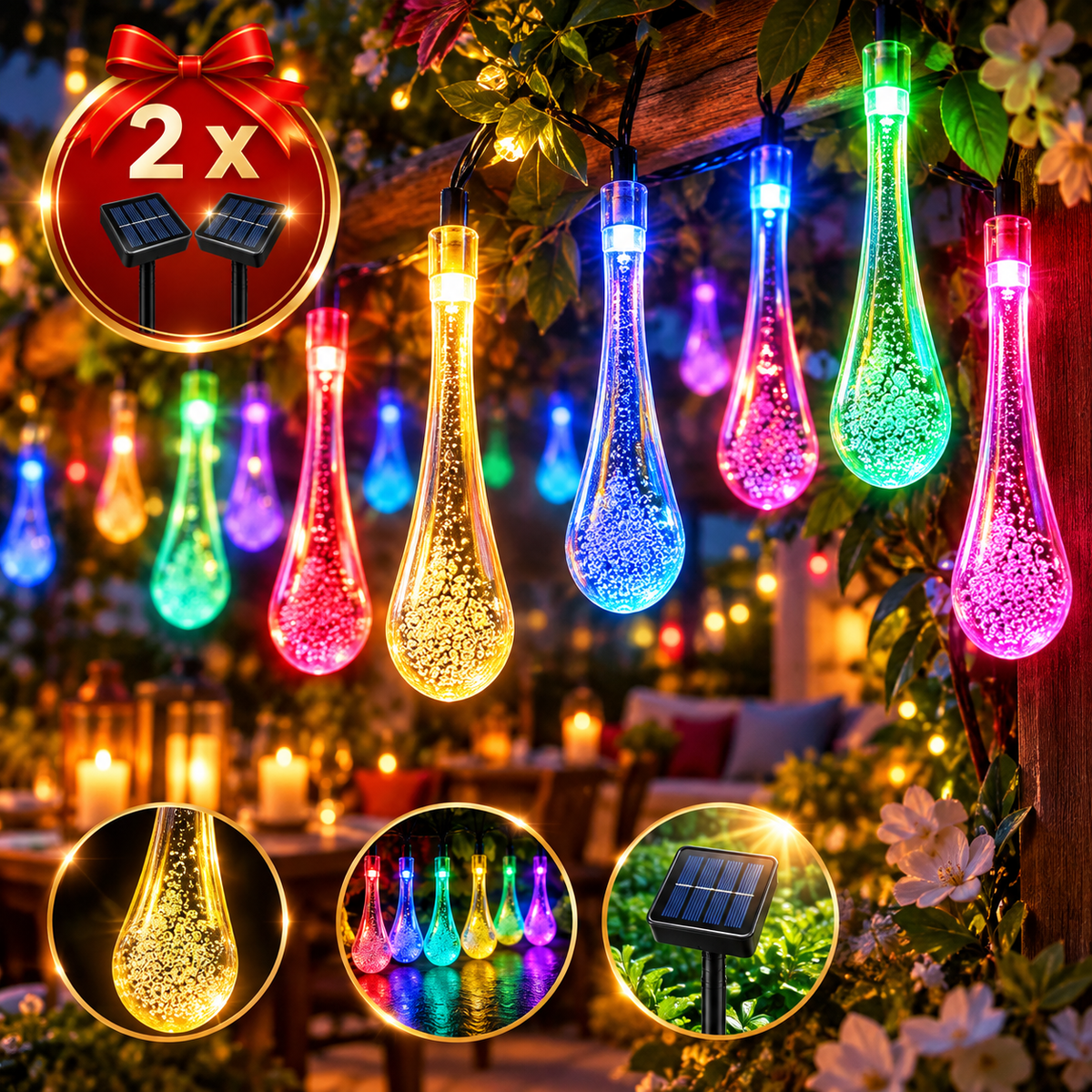 Set 2 x Lampi Solare Decorative Ghirlanda Picaturi, 20 LED-uri, 5 m, Multicolor