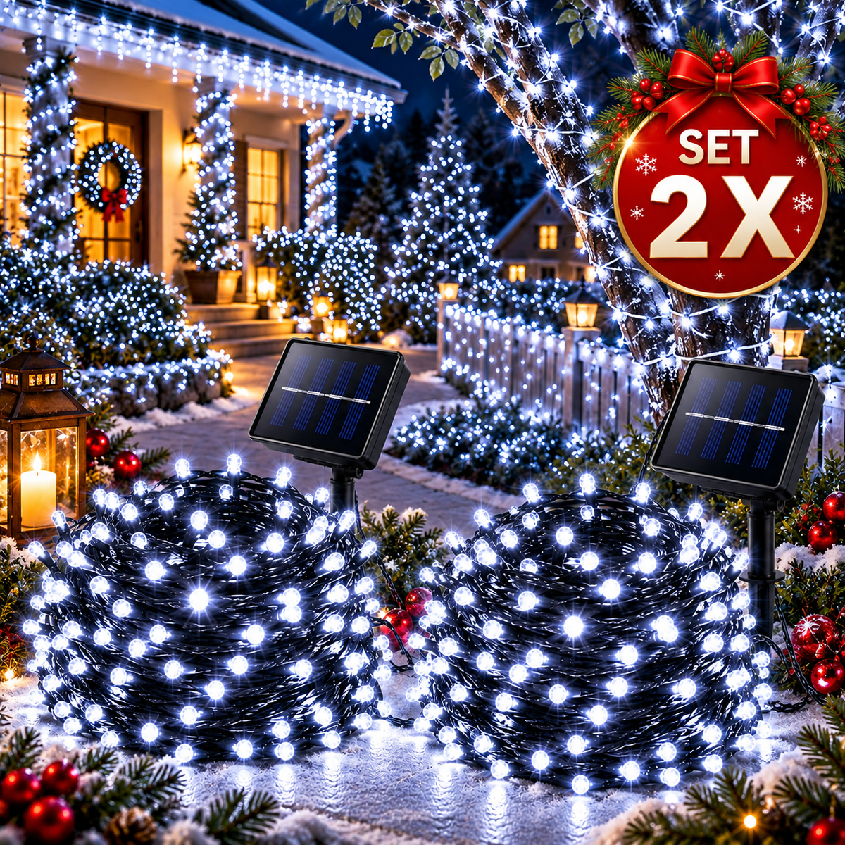 Set 2 x Instalatie Luminoasa Solara de Craciun, 30 m, 300 LED-uri, Lumina Alb Rece, Gradina si Exterior