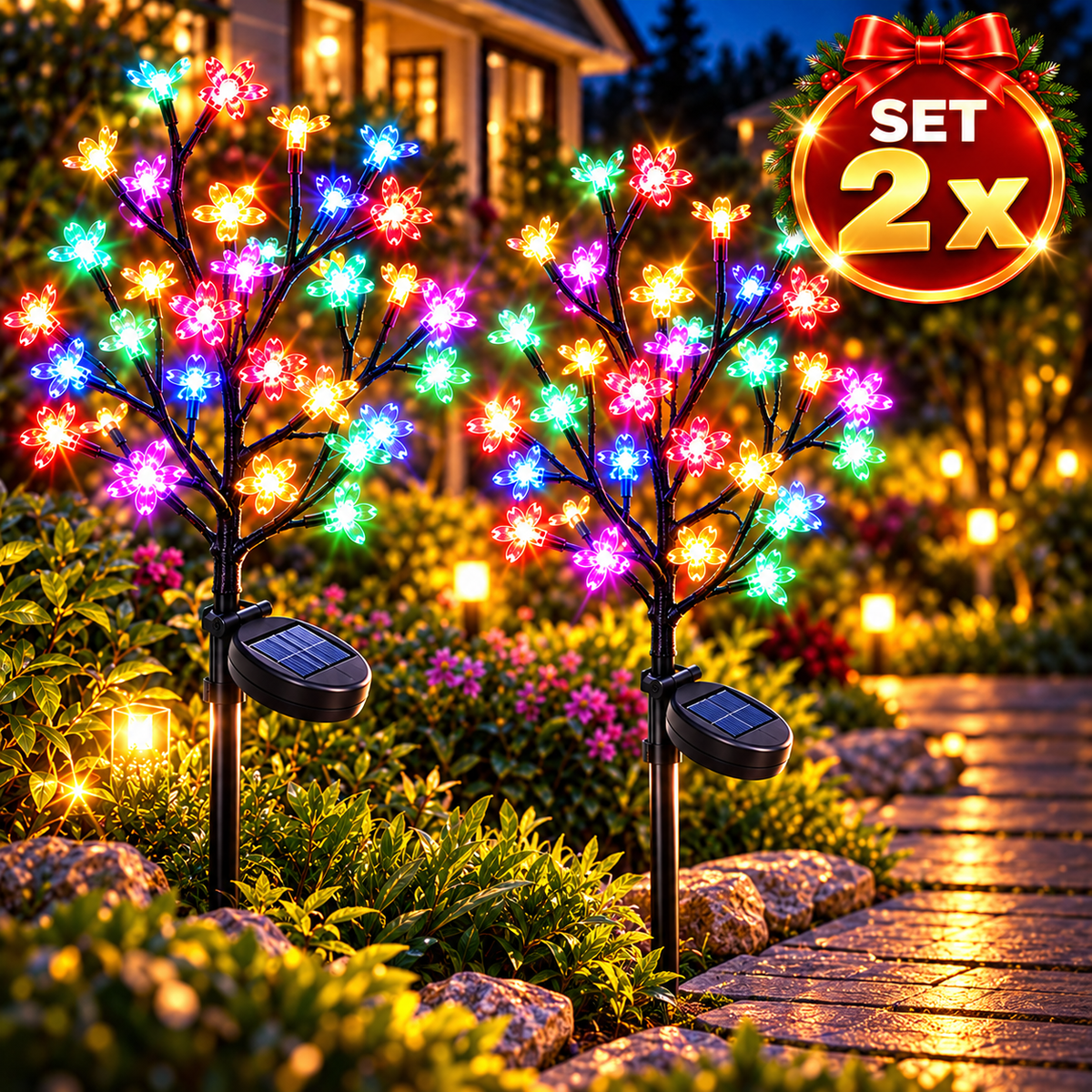 Set 2 x Lampi Solare de Gradina cu Flori de Cires, 20 LED-uri/Bucata, 65 cm, Multicolor, IP65