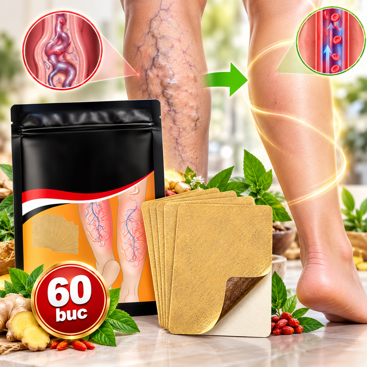 Set 60 x Plasturi pentru Picioare Grele si Obosite, Extracte din Plante, pentru Confort si Relaxare