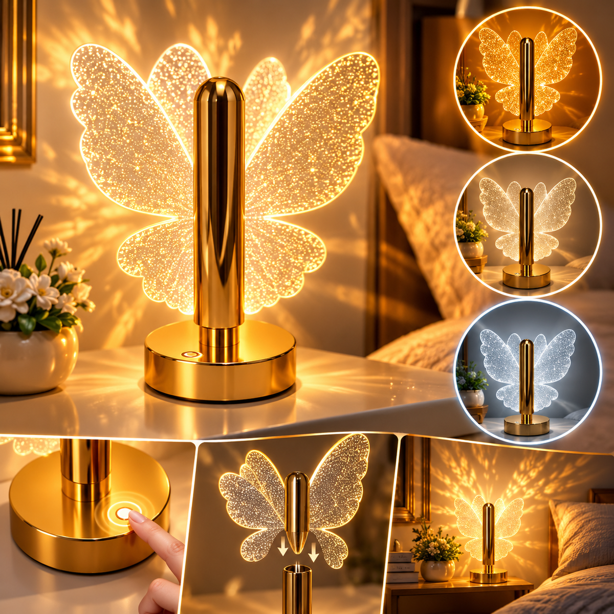 Veioza Ambientala Cristal in Forma de Fluture, 3 Moduri de Iluminare, Intensitate Reglabila Tactil